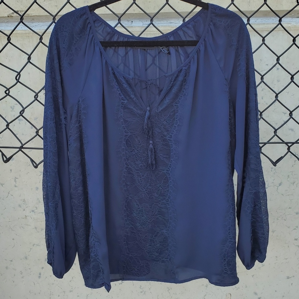Navy long sleeve blouse with lots of lace details!